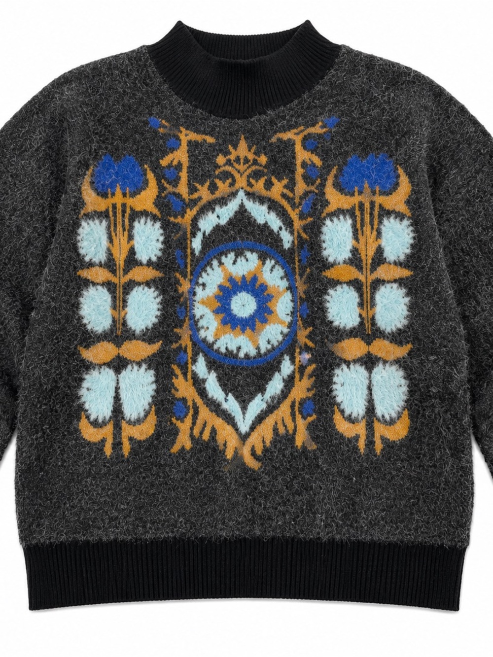 Patterned Fuzzy Knit Sweater in Charcoal with Blue & Gold Motif